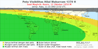 HilalMap: Peta Visibilitas Hilal Muharram 1370 H: rukyat tanggal 1950-10-12 M