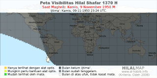 HilalMap: Peta Visibilitas Hilal Shafar 1370 H: rukyat tanggal 1950-11-9 M