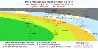 HilalMap: Peta Visibilitas Hilal Shafar 1370 H: rukyat tanggal 1950-11-10 M