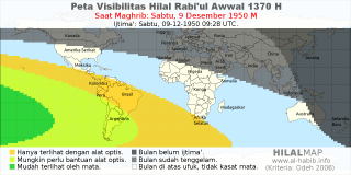 HilalMap: Peta Visibilitas Hilal Rabiul-Awwal 1370 H: rukyat tanggal 1950-12-9 M