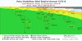 HilalMap: Peta Visibilitas Hilal Rabiul-Awwal 1370 H: rukyat tanggal 1950-12-10 M