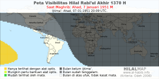 HilalMap: Peta Visibilitas Hilal Rabiul-Akhir 1370 H: rukyat tanggal 1951-1-7 M