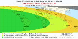 HilalMap: Peta Visibilitas Hilal Rabiul-Akhir 1370 H: rukyat tanggal 1951-1-8 M