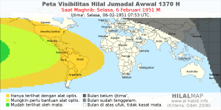 HilalMap: Peta Visibilitas Hilal Jumadal-Awwal 1370 H: rukyat tanggal 1951-2-6 M