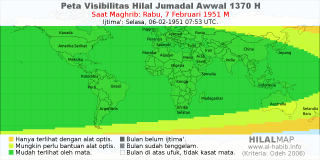 HilalMap: Peta Visibilitas Hilal Jumadal-Awwal 1370 H: rukyat tanggal 1951-2-7 M