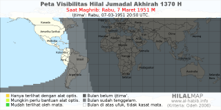 HilalMap: Peta Visibilitas Hilal Jumadal-Akhirah 1370 H: rukyat tanggal 1951-3-7 M