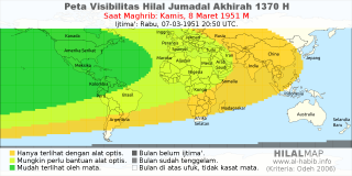 HilalMap: Peta Visibilitas Hilal Jumadal-Akhirah 1370 H: rukyat tanggal 1951-3-8 M