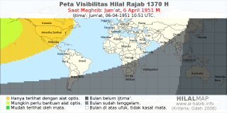 HilalMap: Peta Visibilitas Hilal Rajab 1370 H: rukyat tanggal 1951-4-6 M