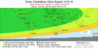 HilalMap: Peta Visibilitas Hilal Rajab 1370 H: rukyat tanggal 1951-4-7 M