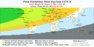 HilalMap: Peta Visibilitas Hilal Syaban 1370 H: rukyat tanggal 1951-5-6 M