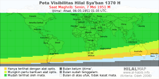 HilalMap: Peta Visibilitas Hilal Syaban 1370 H: rukyat tanggal 1951-5-7 M