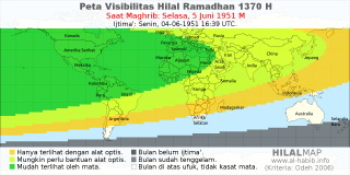 HilalMap: Peta Visibilitas Hilal Ramadhan 1370 H: rukyat tanggal 1951-6-5 M