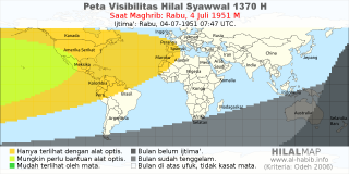 HilalMap: Peta Visibilitas Hilal Syawwal 1370 H: rukyat tanggal 1951-7-4 M