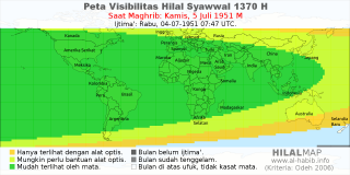 HilalMap: Peta Visibilitas Hilal Syawwal 1370 H: rukyat tanggal 1951-7-5 M