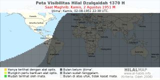 HilalMap: Peta Visibilitas Hilal Dzulqaidah 1370 H: rukyat tanggal 1951-8-2 M