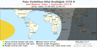 HilalMap: Peta Visibilitas Hilal Dzulhijjah 1370 H: rukyat tanggal 1951-9-1 M