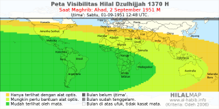 HilalMap: Peta Visibilitas Hilal Dzulhijjah 1370 H: rukyat tanggal 1951-9-2 M