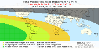 HilalMap: Peta Visibilitas Hilal Muharram 1371 H: rukyat tanggal 1951-10-1 M