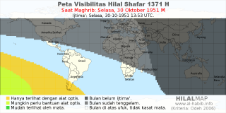 HilalMap: Peta Visibilitas Hilal Shafar 1371 H: rukyat tanggal 1951-10-30 M