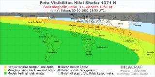 HilalMap: Peta Visibilitas Hilal Shafar 1371 H: rukyat tanggal 1951-10-31 M
