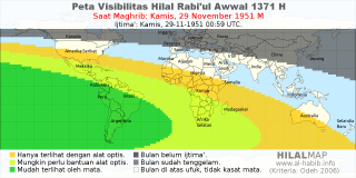 HilalMap: Peta Visibilitas Hilal Rabiul-Awwal 1371 H: rukyat tanggal 1951-11-29 M