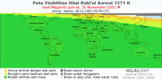 HilalMap: Peta Visibilitas Hilal Rabiul-Awwal 1371 H: rukyat tanggal 1951-11-30 M