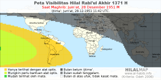 HilalMap: Peta Visibilitas Hilal Rabiul-Akhir 1371 H: rukyat tanggal 1951-12-28 M