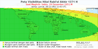 HilalMap: Peta Visibilitas Hilal Rabiul-Akhir 1371 H: rukyat tanggal 1951-12-29 M