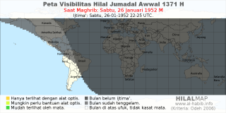 HilalMap: Peta Visibilitas Hilal Jumadal-Awwal 1371 H: rukyat tanggal 1952-1-26 M