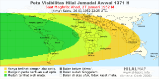 HilalMap: Peta Visibilitas Hilal Jumadal-Awwal 1371 H: rukyat tanggal 1952-1-27 M