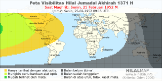 HilalMap: Peta Visibilitas Hilal Jumadal-Akhirah 1371 H: rukyat tanggal 1952-2-25 M