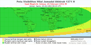 HilalMap: Peta Visibilitas Hilal Jumadal-Akhirah 1371 H: rukyat tanggal 1952-2-26 M