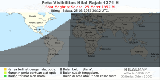 HilalMap: Peta Visibilitas Hilal Rajab 1371 H: rukyat tanggal 1952-3-25 M