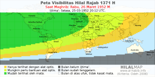 HilalMap: Peta Visibilitas Hilal Rajab 1371 H: rukyat tanggal 1952-3-26 M