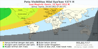 HilalMap: Peta Visibilitas Hilal Syaban 1371 H: rukyat tanggal 1952-4-24 M