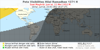 HilalMap: Peta Visibilitas Hilal Ramadhan 1371 H: rukyat tanggal 1952-5-23 M
