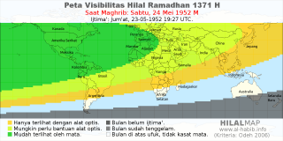 HilalMap: Peta Visibilitas Hilal Ramadhan 1371 H: rukyat tanggal 1952-5-24 M