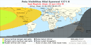 HilalMap: Peta Visibilitas Hilal Syawwal 1371 H: rukyat tanggal 1952-6-22 M