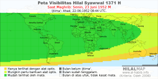 HilalMap: Peta Visibilitas Hilal Syawwal 1371 H: rukyat tanggal 1952-6-23 M
