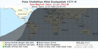 HilalMap: Peta Visibilitas Hilal Dzulqaidah 1371 H: rukyat tanggal 1952-7-21 M