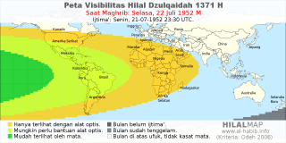 HilalMap: Peta Visibilitas Hilal Dzulqaidah 1371 H: rukyat tanggal 1952-7-22 M