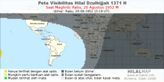 HilalMap: Peta Visibilitas Hilal Dzulhijjah 1371 H: rukyat tanggal 1952-8-20 M