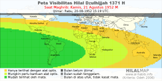 HilalMap: Peta Visibilitas Hilal Dzulhijjah 1371 H: rukyat tanggal 1952-8-21 M