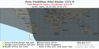 HilalMap: Peta Visibilitas Hilal Shafar 1372 H: rukyat tanggal 1952-10-18 M