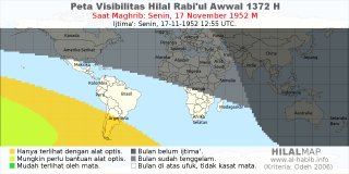 HilalMap: Peta Visibilitas Hilal Rabiul-Awwal 1372 H: rukyat tanggal 1952-11-17 M