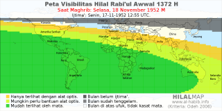 HilalMap: Peta Visibilitas Hilal Rabiul-Awwal 1372 H: rukyat tanggal 1952-11-18 M