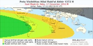HilalMap: Peta Visibilitas Hilal Rabiul-Akhir 1372 H: rukyat tanggal 1952-12-17 M