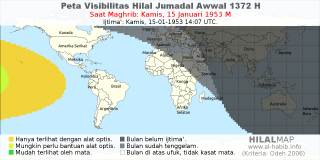 HilalMap: Peta Visibilitas Hilal Jumadal-Awwal 1372 H: rukyat tanggal 1953-1-15 M