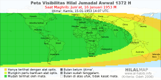 HilalMap: Peta Visibilitas Hilal Jumadal-Awwal 1372 H: rukyat tanggal 1953-1-16 M