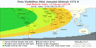 HilalMap: Peta Visibilitas Hilal Jumadal-Akhirah 1372 H: rukyat tanggal 1953-2-14 M